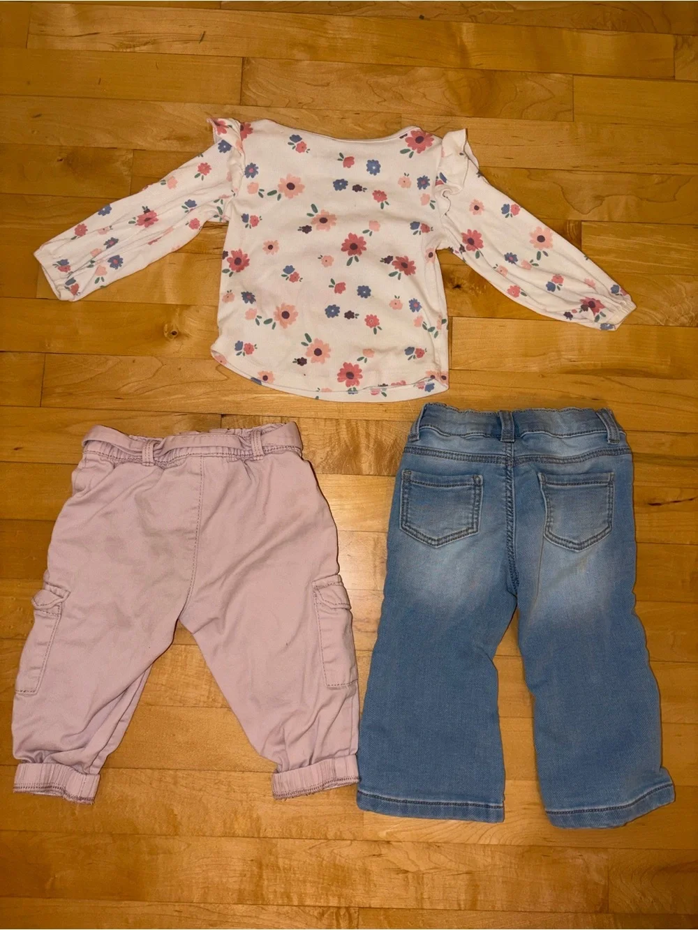 Set of 3 Floral Print Top & Denim Flare Bell Bottom Jeans & Pink Cargo Pants